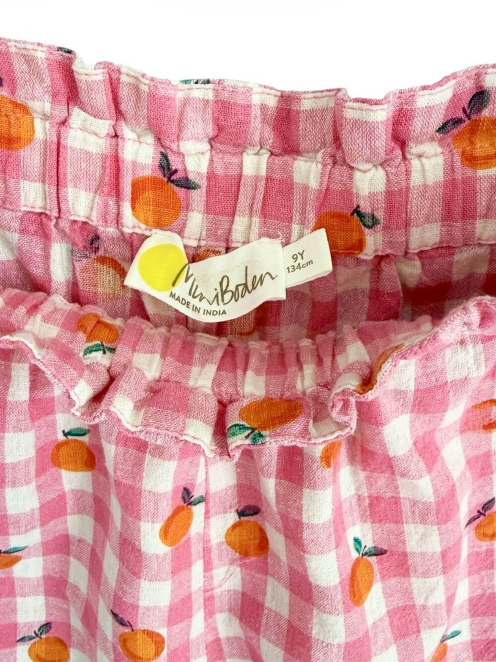 Mini Boden Pink Gingham Orange Print Linen Blend Wide Leg Pants 9Y - Picture 2 of 4